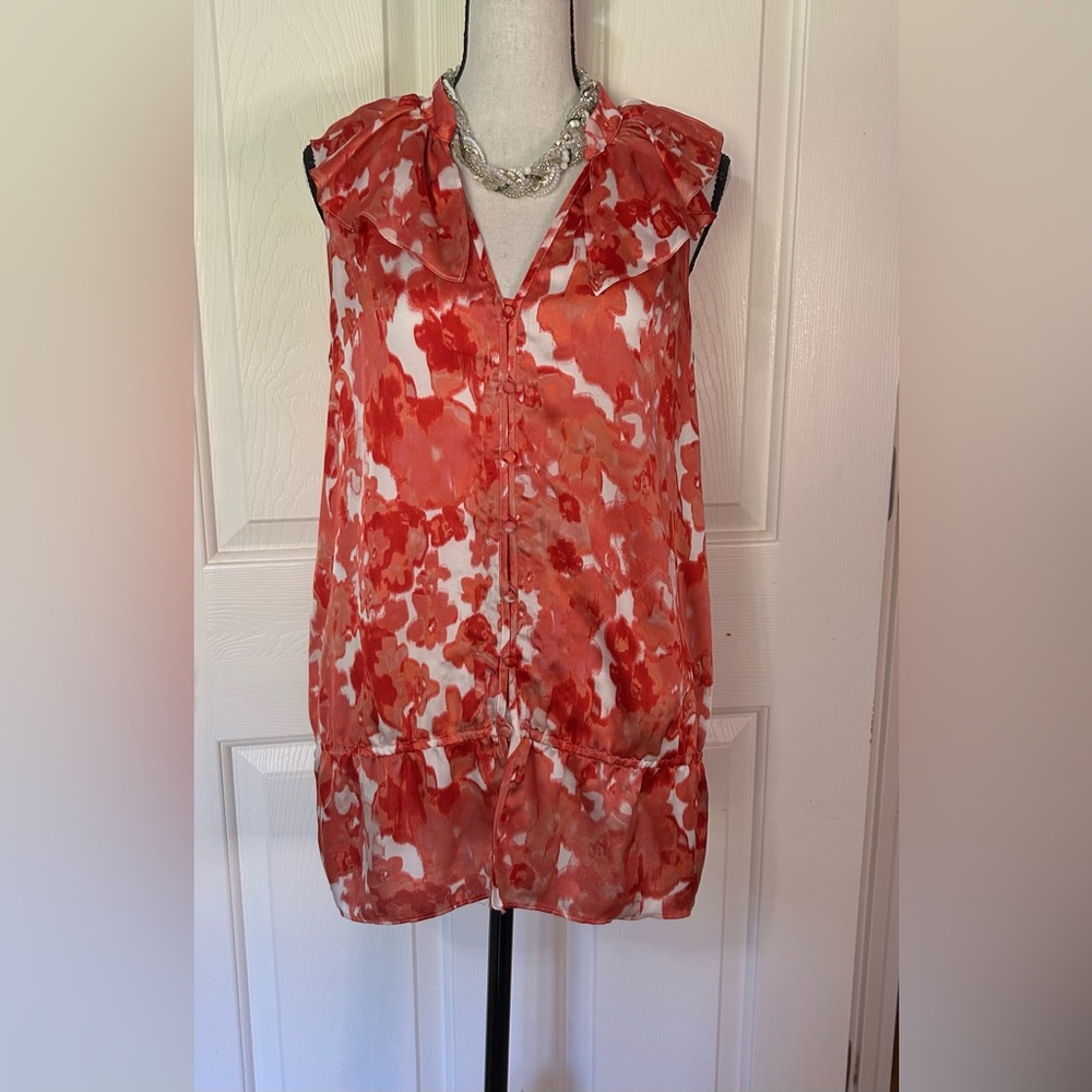 Loft Women’s Top Sz M, Ruffled Collar V Neck Elastic At Waistline Boho Red